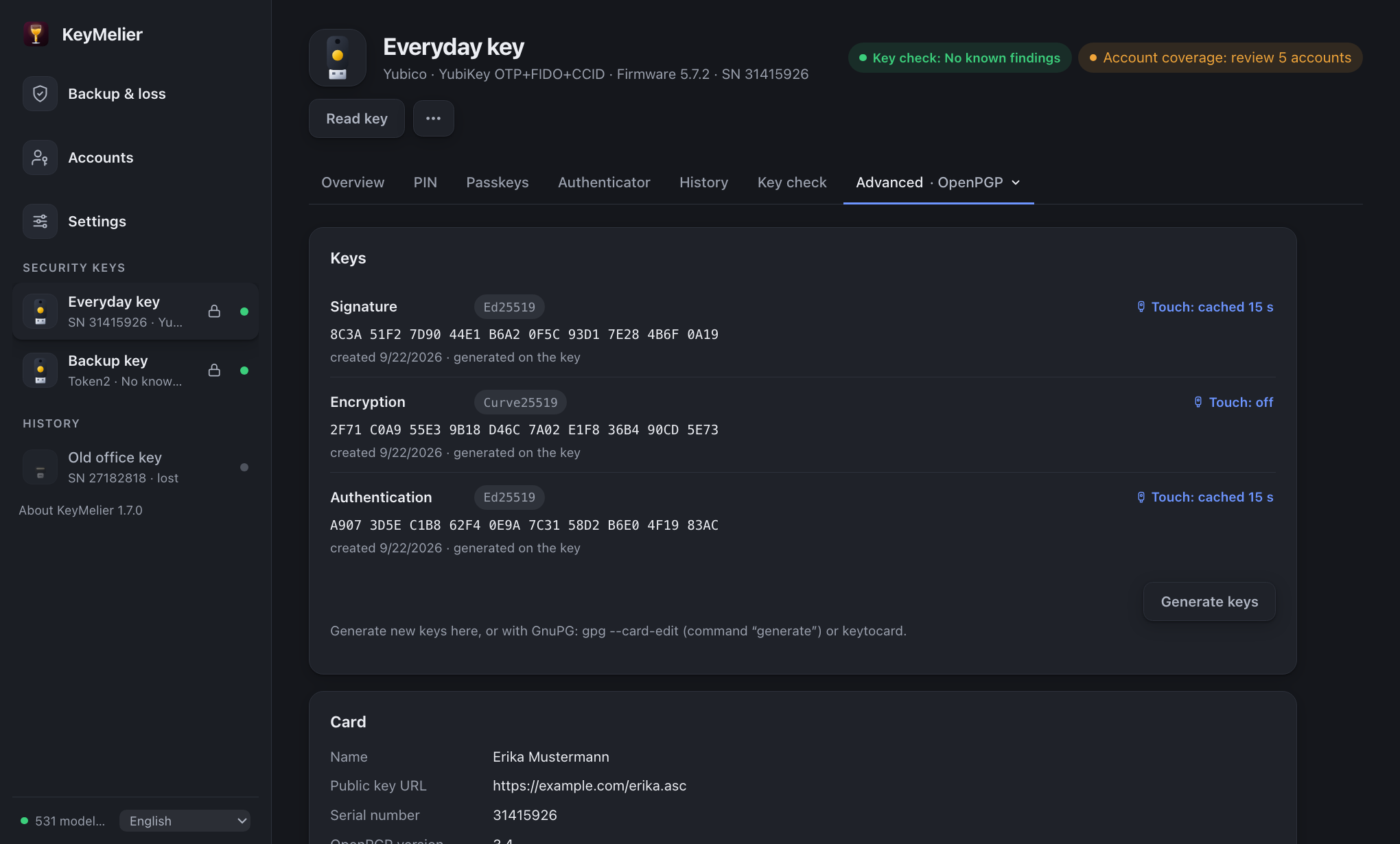 OpenPGP keys, card data and PINs