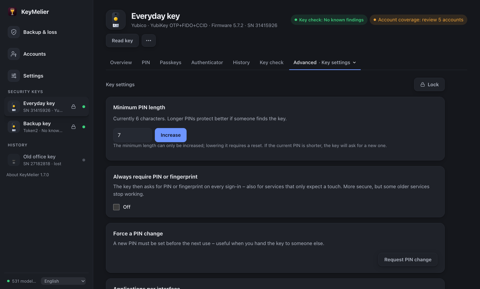 Settings tab with key options and applications per interface