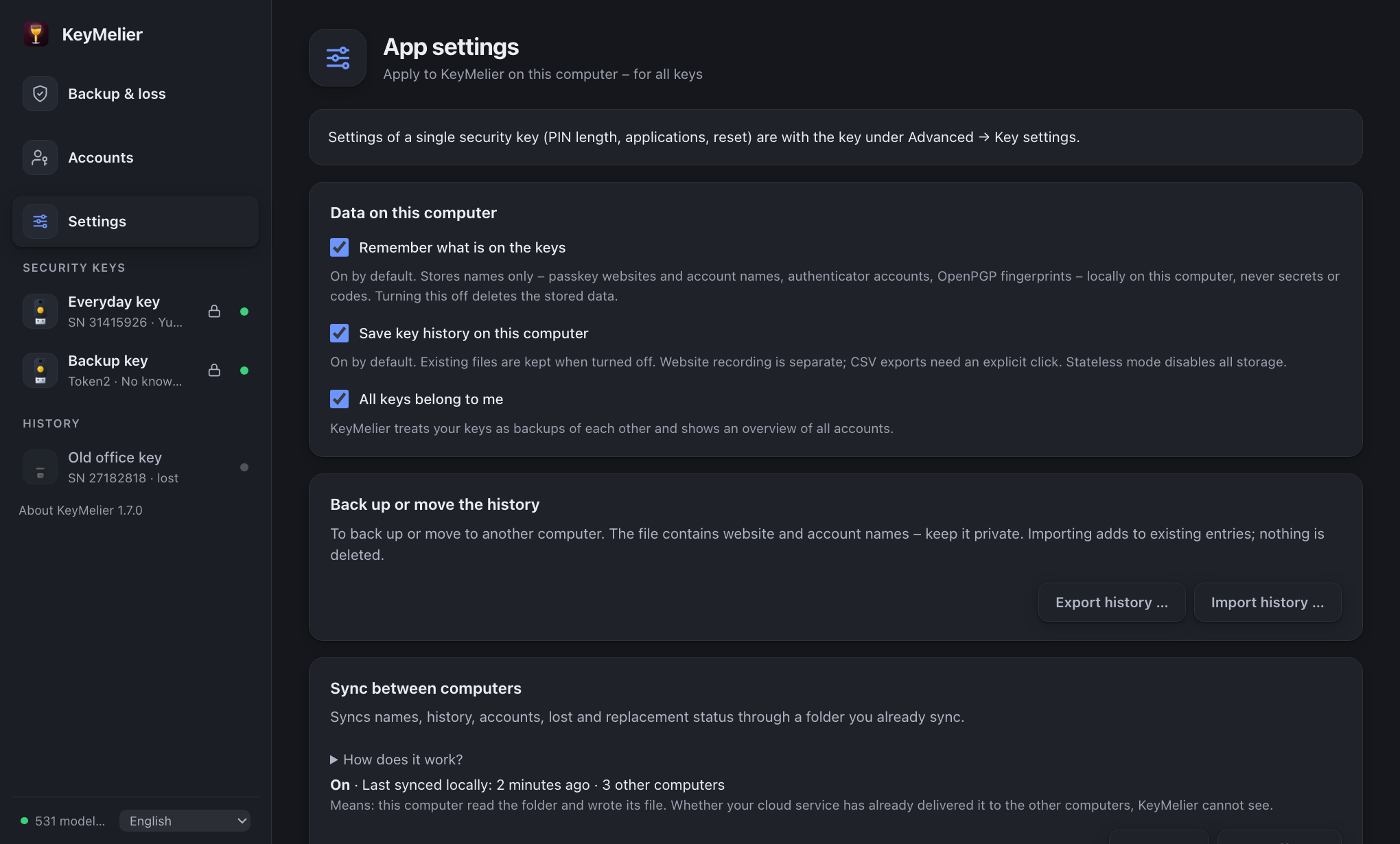 App settings: data on this computer, history transfer, sync